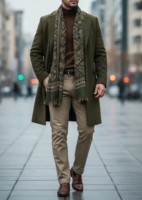 ست پالتوی پشمی سبز زیتونی و شلوار کتان کرم