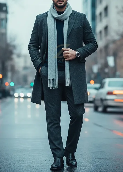 ترکیب ذغالی و سرمهای، یکی از اصیلترین و باوقارترین ترکیب رنگ لباس مردانه زمستان