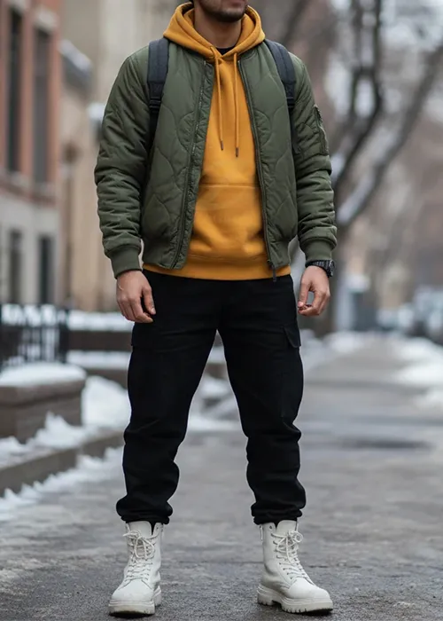 ست کاپشن سبز ارتشی با هودی خردلی و شلوار کارگو مشکی