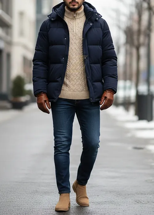 پافر آبی نفتی با پلیور بافت بژ کرمی و شلوار جین تیره