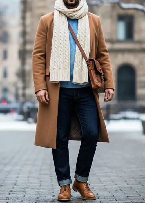 ست پالتوی شتری با سویشرت آبی آسمانی و شلوار جین سرمهای