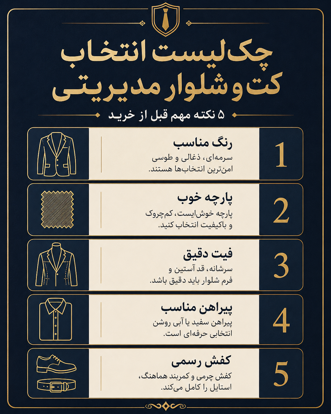 اینفوگرافیک چک لیست انتخاب کت و شلوار مدیریتی